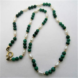 PEARL AND MALACHITE NECKLACE 4 MM 16" - Blaze-N-Gems